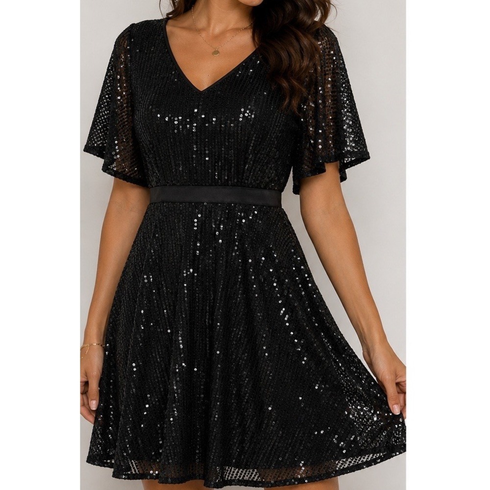 Wedtrend Women's Black Sequin V-Neck Party Cocktail Dress Size M